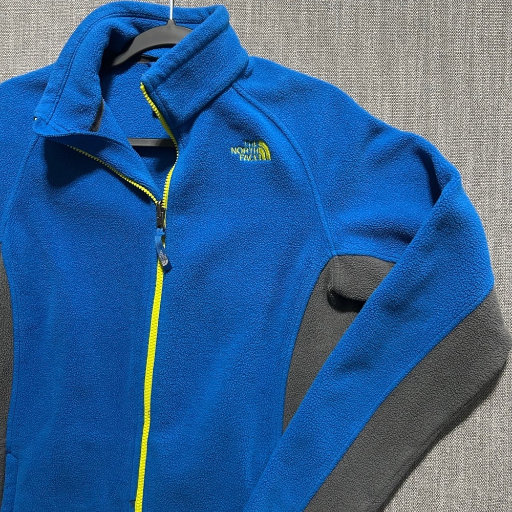 The North Face Boys XL 18/20 Blue Grey Full Zip Fleece Jacket Neon Trim